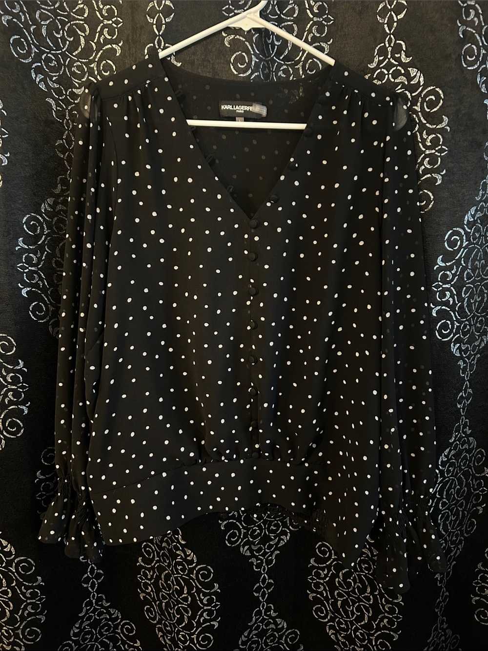 Karl Lagerfeld Paris Black Polka Dot V-Neck Blouse L